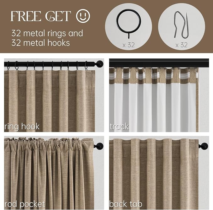 Topfinel Taupe Burlap Linen Blackout Curtains & Drapes 86 Inch Length 2 Panels Set Dark Flax Linen Brown Tan Room Darkening Soundproof Cabin Curtains with Hooks Rings for Bedroom Living Room