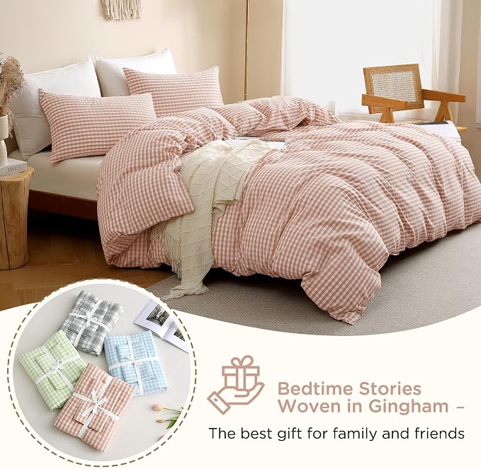 TOCOMOA Gingham Duvet Cover Set 100% Washed Cotton Like Linen, Queen | Linen-Like Feel Soft, Breathable & Comfy for All Season. Pink Brown Fall Bedding Set with Zipper & 8 Ties. 3 Pcs, No Insert