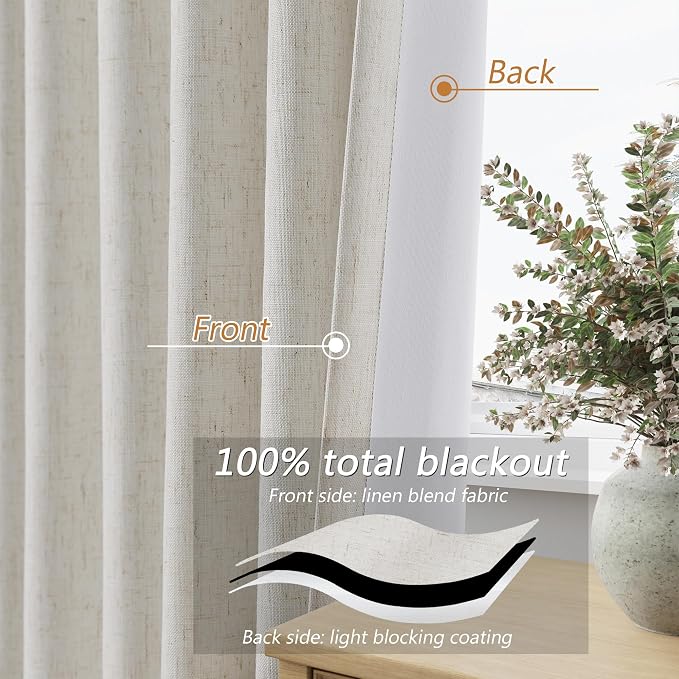 100% Blackout Boho 96 Inches Long Natural Linen Curtains Floor to Ceiling Drapes for Living Room Winter Thermal Insulated Room Darkening Black Out Sliding Barn Door Curtain, 52x96