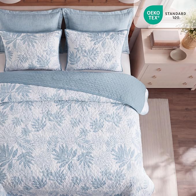 BLOOMHAVEN King Quilt Set-3 Pieces Soft Bedding Floral Reversible Coverlet | All Seasons Lightweight Quilts Queen Size for Bed, Breathable Vintage Bedspread with Shams, Moonstone Blue