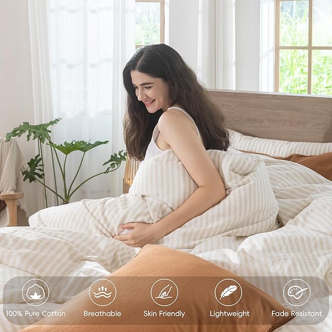MooMee Striped Duvet Cover Set 100% Washed Cotton Linen Like Queen | Relaxed Linen-like Texture. Soft, Breathable & Long-lasting Comfort. Lightweight. Hidden Zipper with 8 Interior Corner Ties