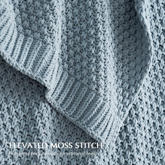 EVERGRACEHOME Chunky Chenille Knit Throw Blanket, 108x92, Chambray Blue | Sculpted Moss Stitch, Chic Modern Farmhouse, All-Season Warmth, OEKO-TEX® Certified, Oversized King for Couch, Bed, Sofa