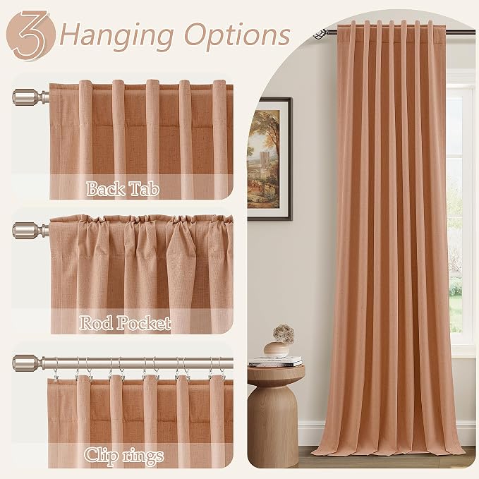 100% Blackout Curtains 90 Inch Length 2 Panels Set for Living Room Bedroom Back Tab Thermal Insulated Black Out Linen Drapes Room Darkening Peach Quartz,52x90