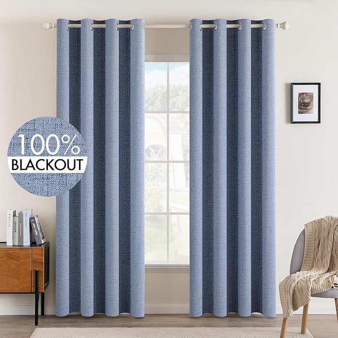 MIULEE 100% Blackout Linen Curtains for Bedroom 52x84 Inches Stone Blue | Room Darkening, Light Blocking, Thermal Insulated, Grommet Top, Linen Textured, Window Curtains for Living Room, 2 Panels
