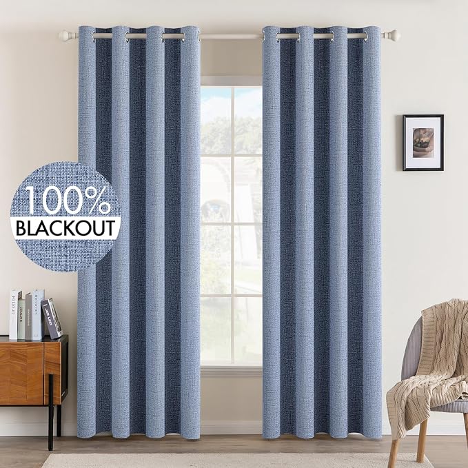 MIULEE 100% Blackout Linen Curtains for Bedroom 52x96 Inches Stone Blue | Room Darkening, Light Blocking, Thermal Insulated, Grommet Top, Linen Textured, Window Curtains for Living Room, 2 Panels
