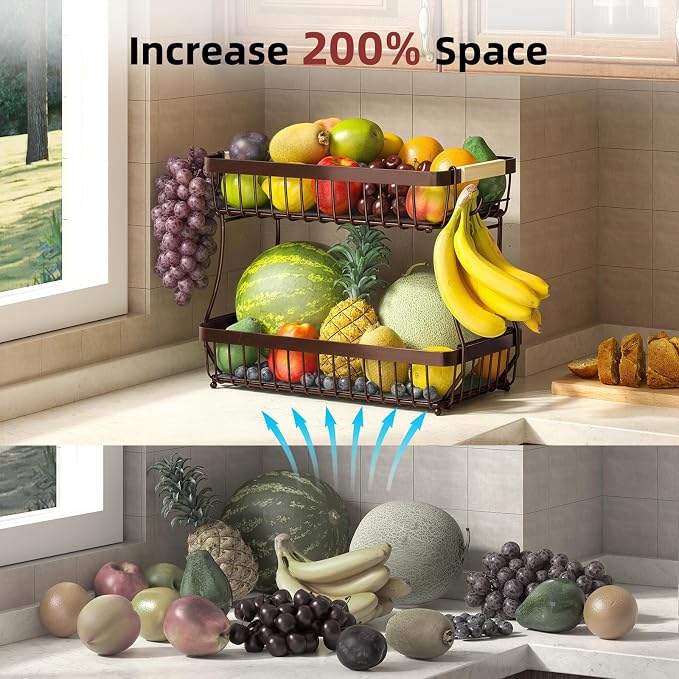 Sevenblue 3-Tier Fruit Basket with Banana Hangers, Detachable Metal Bowl | Wooden handle, protective mats included. Versatile holder for bread, snacks, and veggies. Large 3 tier metal design.