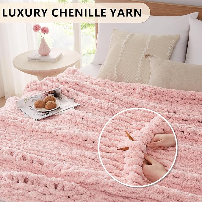 L'AGRATY Chunky Knit Throw Blanket for Couch, 60'' x 80'' Knit Throw, Pink | Handmade Chenille Crochet Blanket for Sofa Bed, Thick Cable Knitted Blankets for Room Home Decor, Birthday Gift for Women Mom