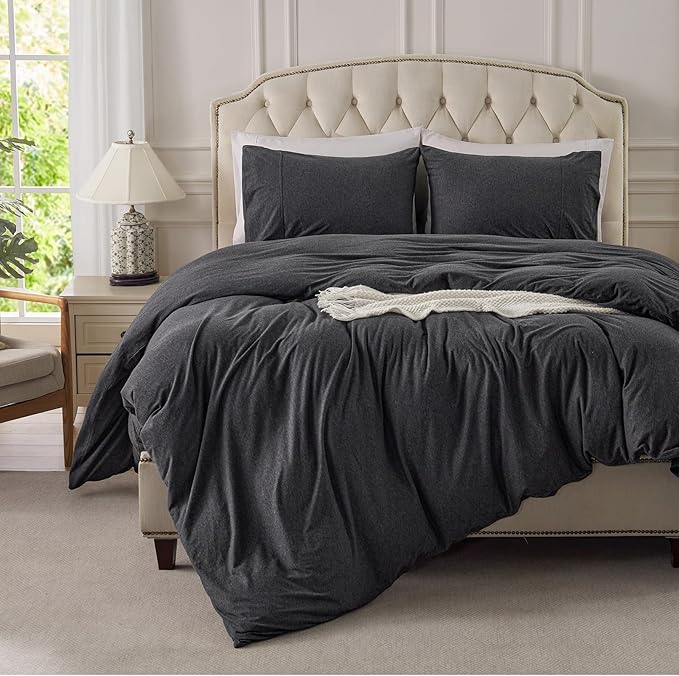 PURE ERA Jersey Knit Sheet Set Heather Charcoal Grey King | 100% Cotton, 3 Piece Set, T Shirt Soft, Breathable, Envelope Closure Pillowcases, Hidden Zipper, 8 Ties, No Insert, Modern
