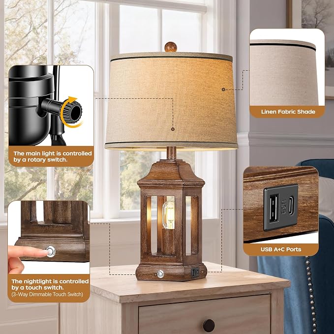 24" Rustic Farmhouse Table Lamps for Living Room Set of 2, Touch Dimmable Nightlight Vintage Bedside Lamps with USB A+C Ports & Dual Light Sources for Bedroom Nightstand End Table, Wood Grain