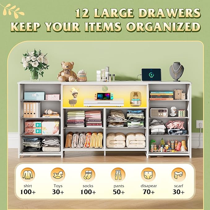 WLIVE LED Dresser TV Stand for 75 Inch TV, 12 Drawers, White | Fits TVs up to 75 inch, 12 fabric drawers, LED chest of drawers, Built-in power outlet, Living room or bedroom