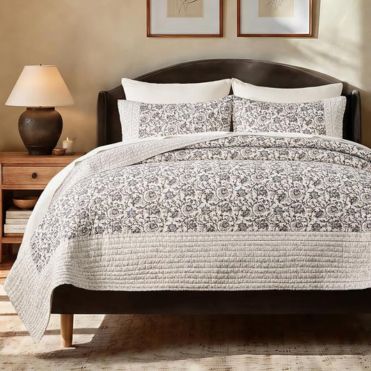 EverGrace 100% Cotton Floral Quilt Set, King Size, Farmhouse Taupe 110"×92" | Reversible Lightweight Bedspread Coverlet, Vintage Floral Farmhouse Bedding, Traditional Botanical Quilt with 2 Pillow Shams