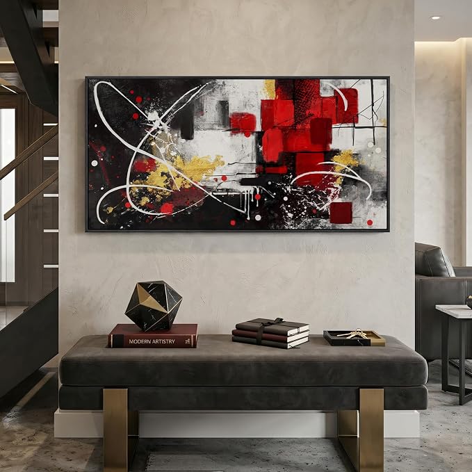Extra Large Framed Black and White Abstract Wall Art for Living Room, 30x60 | Red gold geometric pictures, Canvas prints, Modern paintings, Artwork for walls, Wall decor for dining room bedroom hallway