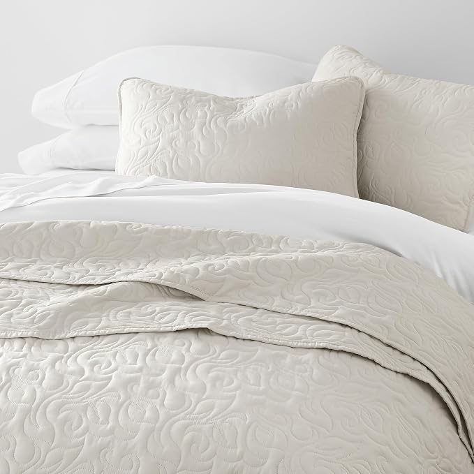 Merit Linens Modern Quilt Coverlet Soft Set in Floral Stitching - King/Cal-King Natural