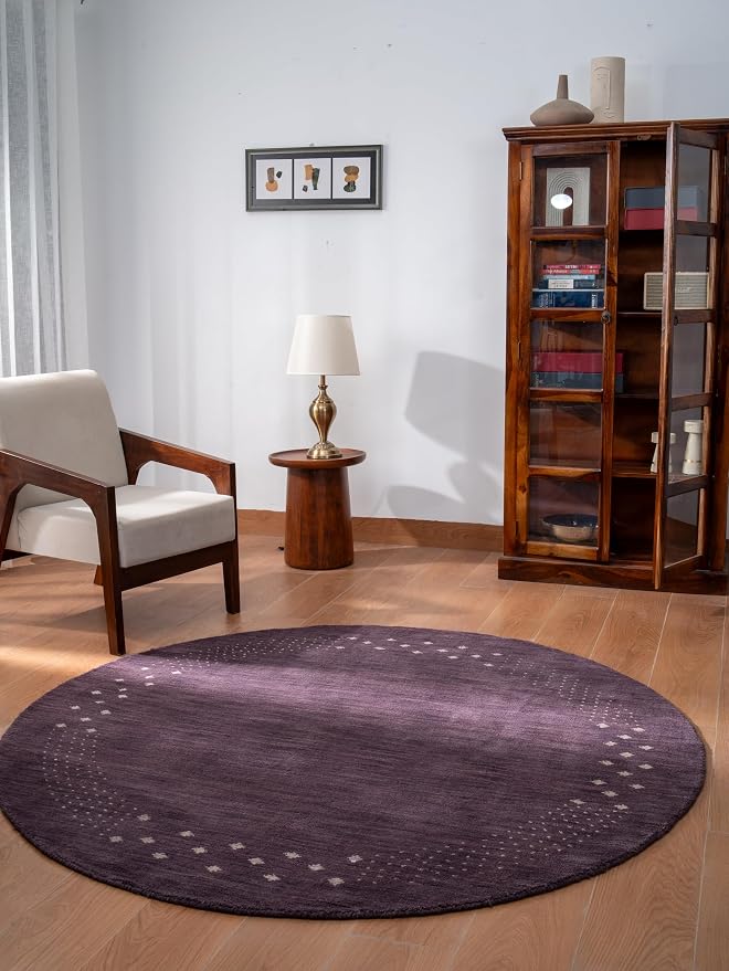 HAND KNOTTED LOOM WOOL ECO-FRIENDLY AREA RUGS - 6'x6', Round Shape, Purple Color, Contemporary Modern Design, High Pile Thick Handmade Anti Skid Area Rugs for Living Room, Bed Room (L00530)