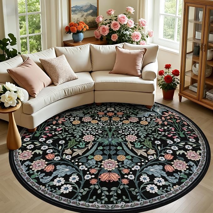 PLHXFR Round Area Rug Living Room: 8 ft Floral Washable Carpet Dark Black | For Bedroom Dining Room Farmhouse Nursery Hallway,Vintage Floral,Machine washable,Non Slip,Stain Resistant,Large Indoor