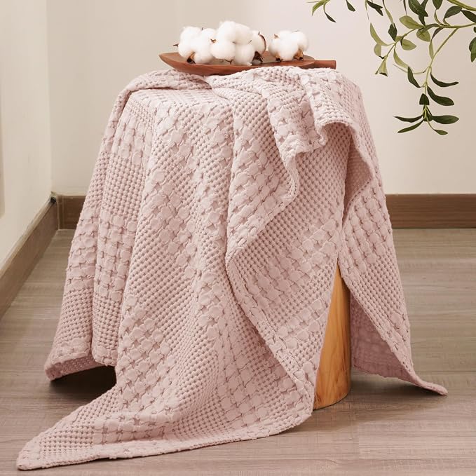 PHF Lightweight 100% Cotton Waffle Throw Blanket for Couch, Pink | Pre-Washed Soft Cotton Comfort, Breathable Layering Warmth for Fall & Winter, Office, Travel, Sofa, Home Decor & Gifts