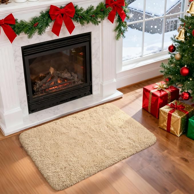 Modern Soft Fluffy Small Shaggy Rug for Bedroom Livingroom, Soft Non-Slip Kids Room Entryway Throw Rugs, Plush Furry Fur Area Rugs Comfy Nursery Accent Floor Carpet 2x3 Feet, Beige