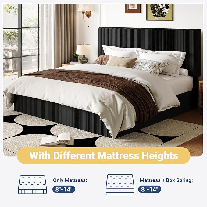 Allewie King Bed Frame, Adjustable Corduroy Headboard, Platform, Black | Adjustable Headboard, Corduroy Fabric, Low Profile, Wooden Slats, 1000 lb Capacity, No Box Spring Needed
