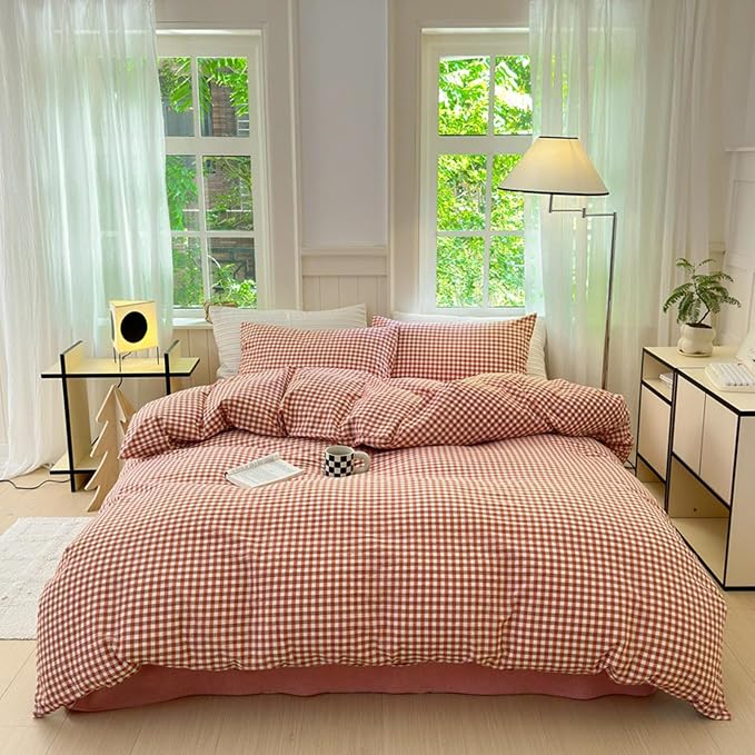 LifeTB Gingham Comforter Set King Modern Style Plaid Checkered Comforter Fluffy Soft Red Orange Grid Bedding Set Lightweight Gingham Bedding Comforter Farmhouse Checkered Comforter Set