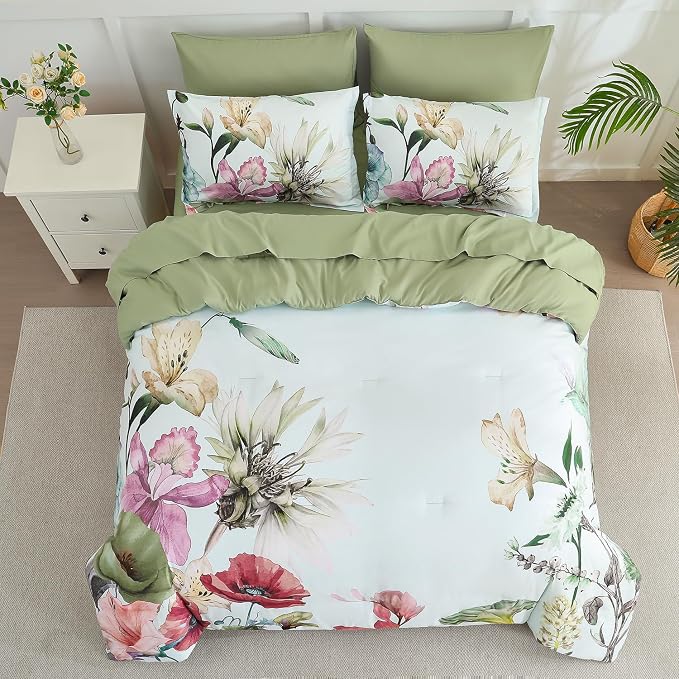 Yogeneg Queen Comforter Set 7 Piece Bed in a Bag,Elegant Floral Botanical Pattern Green Bedding Set,Soft Microfiber Comforter with Sheet Set,All Season Bed Set(Green Floral,Queen)