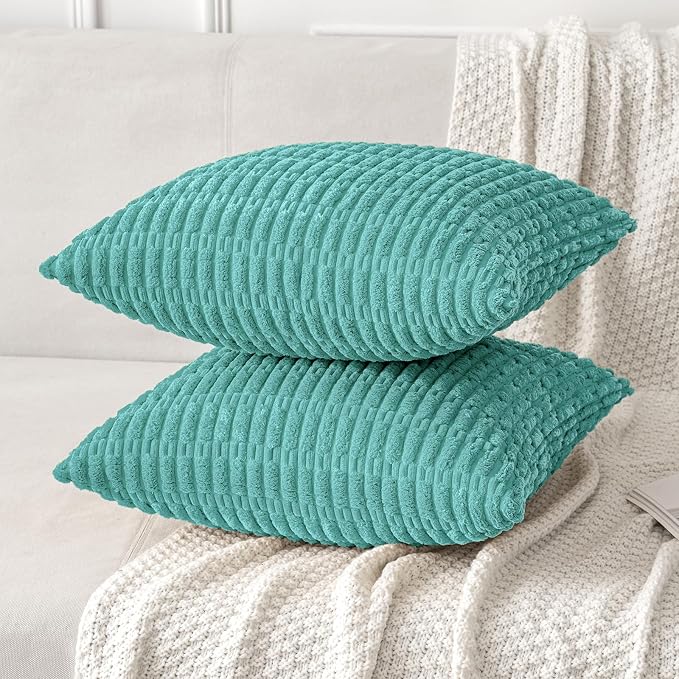 MIULEE Corduroy Decorative Throw Pillow Covers 20x20 Aqua Green Pack of 2 | Soft Boho Striped Pillow Covers Modern Farmhouse Home Decor For Sofa Living Room Couch Bed