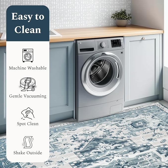 Rugflix 9x12 Area Rugs for Living Room, Washable Light Blue Large Rug | Machine Washable; Stain-Resistant; Low Pile; Non-Slip; Boho Vintage Printed; Carpet for Bedroom Dining Office Nursery Home