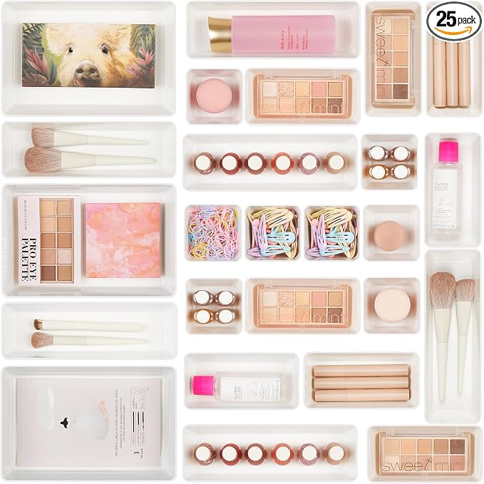 Vtopmart 25 Pack Plastic Drawer Organizers with Non-slip Rubber Pads | 4-Size Versatile Makeup Organizer, Storage Containers Small Bins for Makeup, Jewelries, Bedroom, Kitchen Utensils and Office
