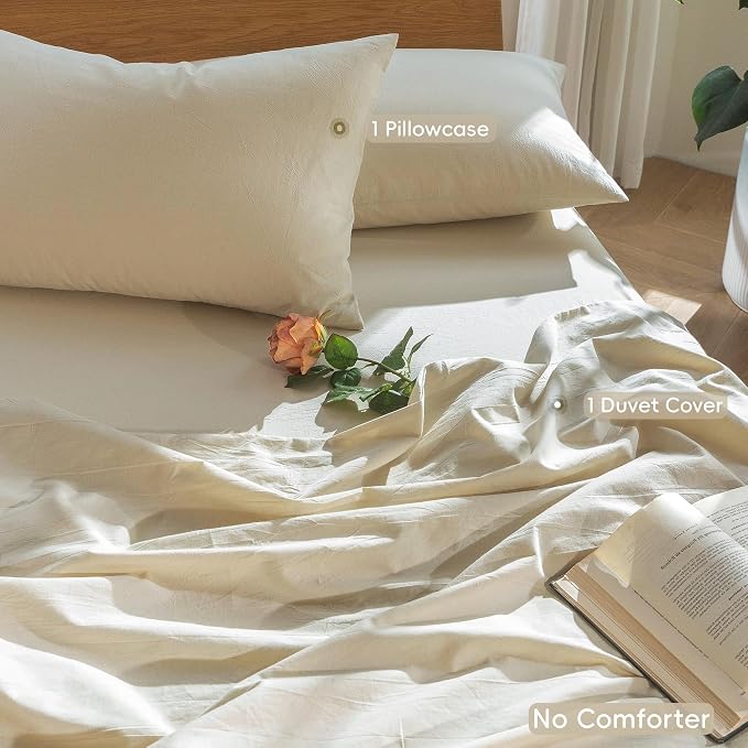 MooMee Duvet Cover Set 100% Washed Cotton Linen Like Twin | Relaxed Linen-like Texture. Soft, Breathable & Long-lasting Comfort. Lightweight. Hidden Zipper with 8 Interior Corner Ties