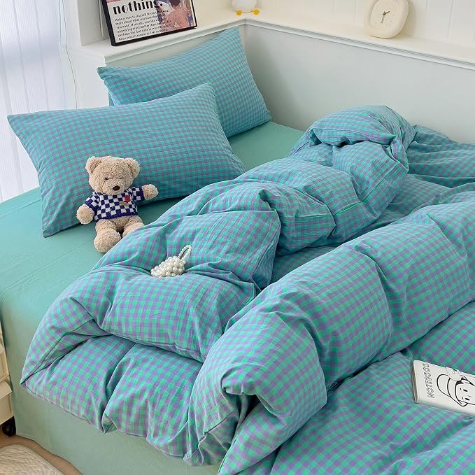 LifeTB Green Gingham Comforter Set King Modern Style Checkered Pattern Comforter Set Fluffy 3 Pieces Green Purple Grid Bed Comforter with 2 Pillowcases Lightweight Gingham Plaid Bedding Set King
