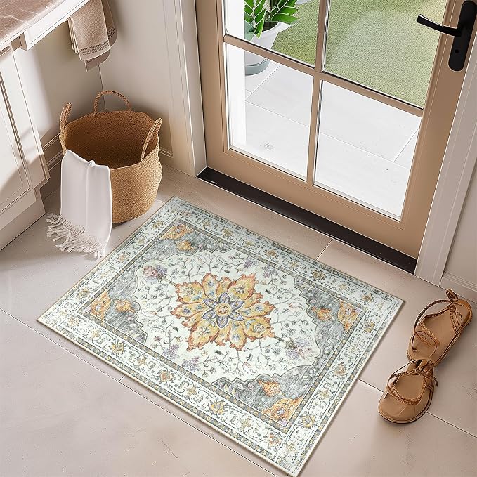 RELEANY Washable Area Rug, Small 2'x3', Beige/Carbon Grey/Orange | Non-Slip, Water Repellent, Pet Friendly, Easy to Clean, Vintage Floral Boho Decor for Kitchen Entryway Bathroom