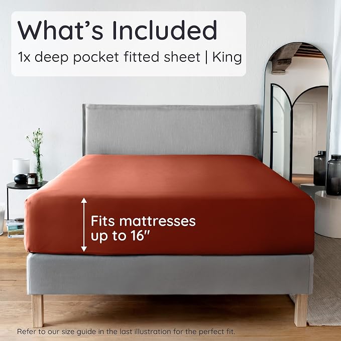 Bambaw 100% Viscose Derived from Bamboo Fitted Sheets King Size, Cooling Fitted Sheets King Size, 16’’ Deep Pocket, Breathable Bottom Sheet Only (Terracotta)
