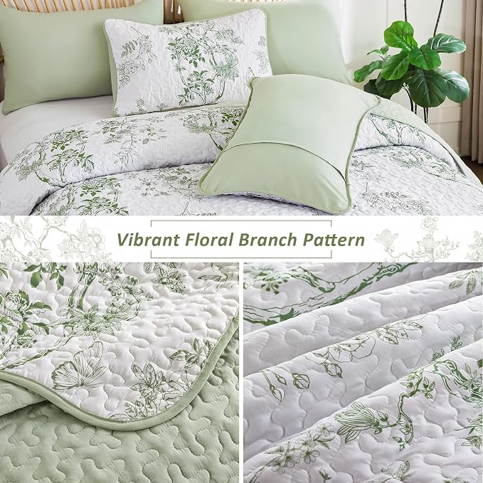 WONGS BEDDING Floral Quilt Set Queen, 3 Pcs Sage Green Bedspreads Coverlets | Spring Summer Floral Farmhouse Bedspread with 2 Shams,Soft Microfiber Lightweight Coverlet for All Season 96"×90"