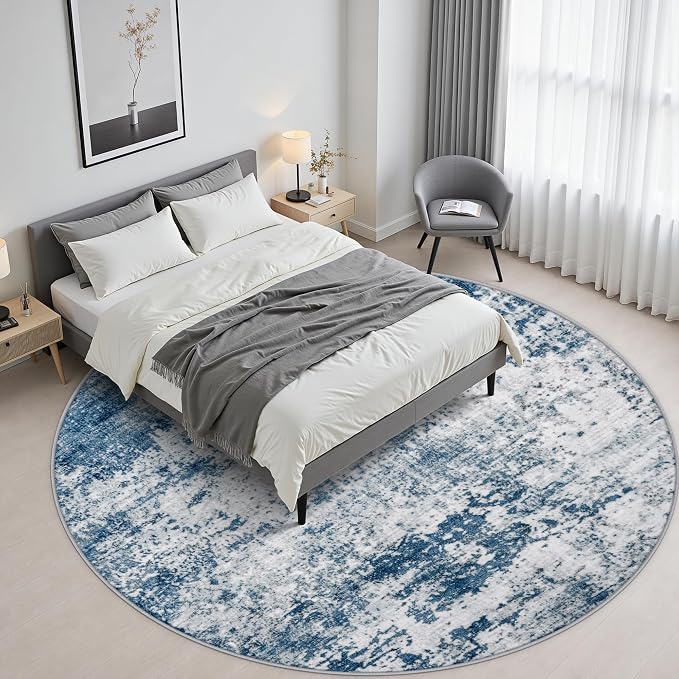 Round Area Rug Living Room: 4 ft Modern Washable Carpet Blue | For Bedroom Dining Room Farmhouse Nursery Hallway Office,Modern Abstract,Machine washable,Non-Slip,Stain Resistant,Indoor
