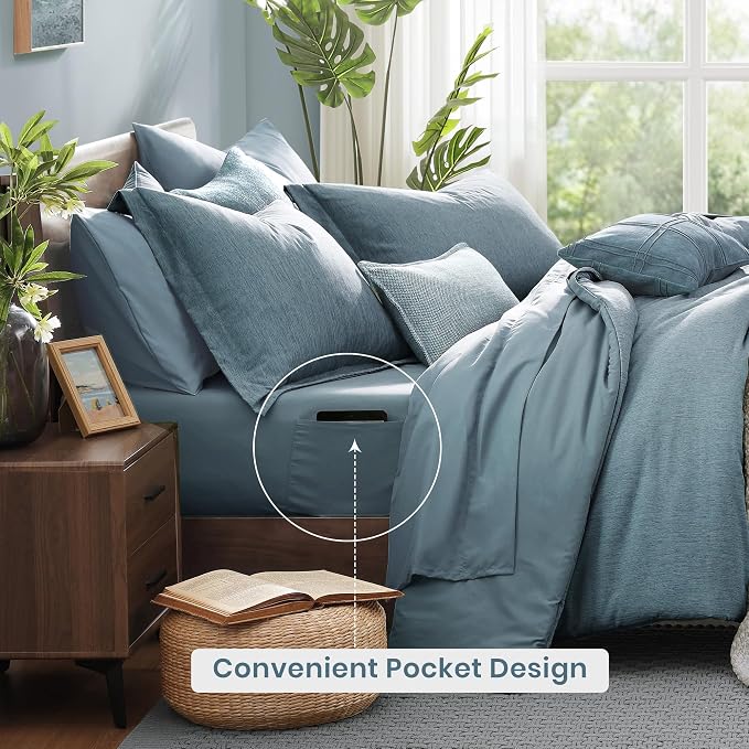 Monbix Queen Comforter Set 7 Pieces Dusty Blue Cationic Dyeing Bed in a Bag | Lightweight Reversible All Season Bedding Sets with Comforter, Sheets, Pillowcases & Shams