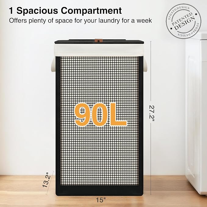 STO STO Laundry Hamper with Lid, 90L Sturdy Steel-Frame Clothes Hamper with Removable Washable Liner, Breathable Large Laundry Basket for Bedroom, Bathroom, Laundry Room, Dorm, Closet