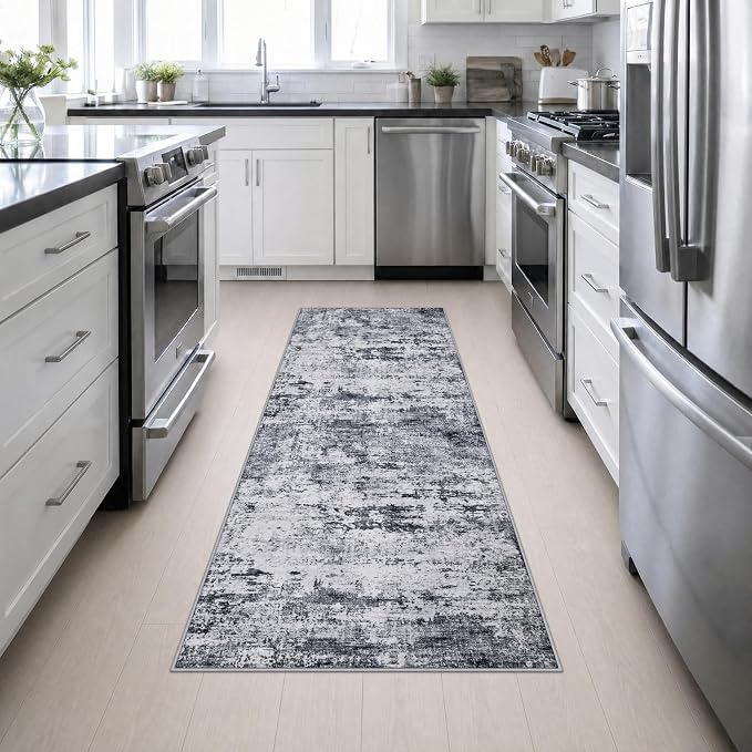 2.6x8 Washable Runner Rug：Modern Abstract Kitchen Soft Carpet Grey | For Hallway, Bedroom, Kitchen, Laundry, Bathroom,Door Mat,Modern Abstract,Machine washable,Non-Slip,Stain Resistant,Indoor