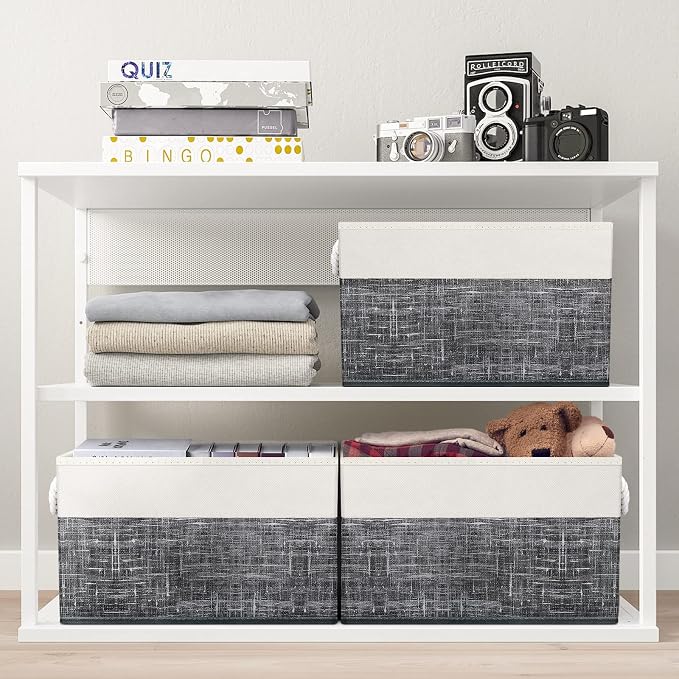 Storage Bins 4-Pack, Foldable Storage Baskets for Organizing Toys, Books, Shelves, Closet, Large Storage Box with Rope Handles, Sturdy Organizer Bins, White & Black