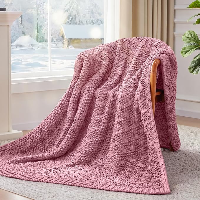 Anysay Knitted Weighted Blanket for Adult, Chunky Knit Throw 36''*48'' 5lbs | Cooling Weighted Blanket for Sleep Breathable Machine Washable Fall Heavy Blanket for Room Decor(Pink)