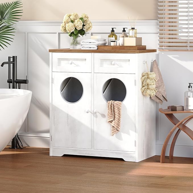 HOOBRO Double Laundry Hamper Cabinet, Hidden Laundry Cabinet with 2 Drawers & 2 Baskets, 20 Gallon Farmhouse Bathroom Laundry Hamper with 2 Clothes-Toss Holes, White and Dark Walnut WHZ36XY01