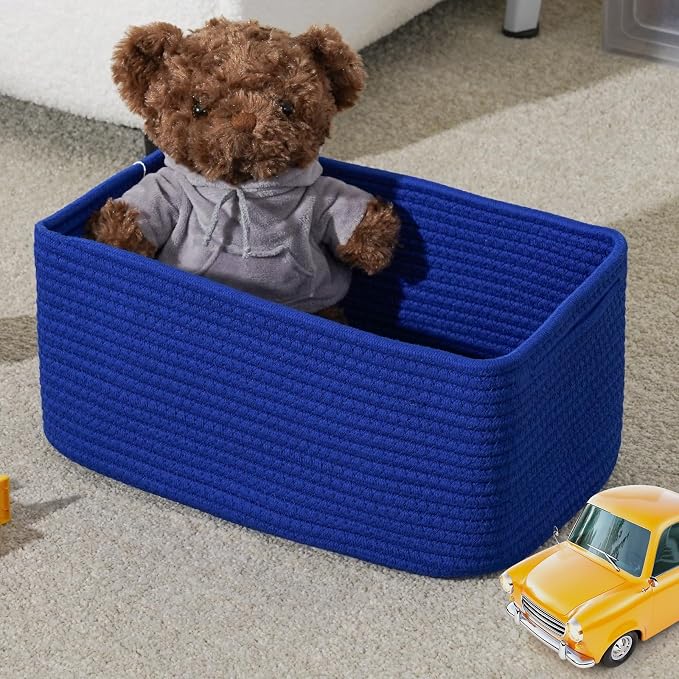 3 Pack Small Storage Baskets for Organizing, 11.8×7.8×5.1", Klein Blue | Woven Baskets for shelves, Cotton Rope Basket for Gifts Empty, Closet Organizer Bins with Handles, Cube Decorative Box