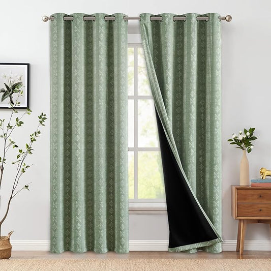 jinchan Boho Blackout Curtains 96 Inches Long for Bedroom Living Room | White on Sage Green Geometric Printed Grommet Curtains Room Darkening Thermal Insulated Window Treatments 2 Panels