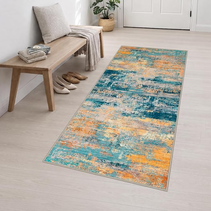 3x8 Washable Runner Rug：Modern Abstract Soft Carpet Rosy Haze | For Hallway, Bedroom, Kitchen, Laundry, Bathroom,Door Mat,Modern Abstract,Machine washable,Non-Slip,Stain Resistant,Indoor