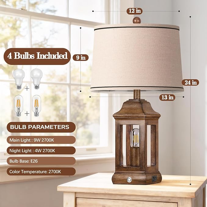 24" Rustic Farmhouse Table Lamps for Living Room Set of 2, Touch Dimmable Nightlight Vintage Bedside Lamps with USB A+C Ports & Dual Light Sources for Bedroom Nightstand End Table, Wood Grain
