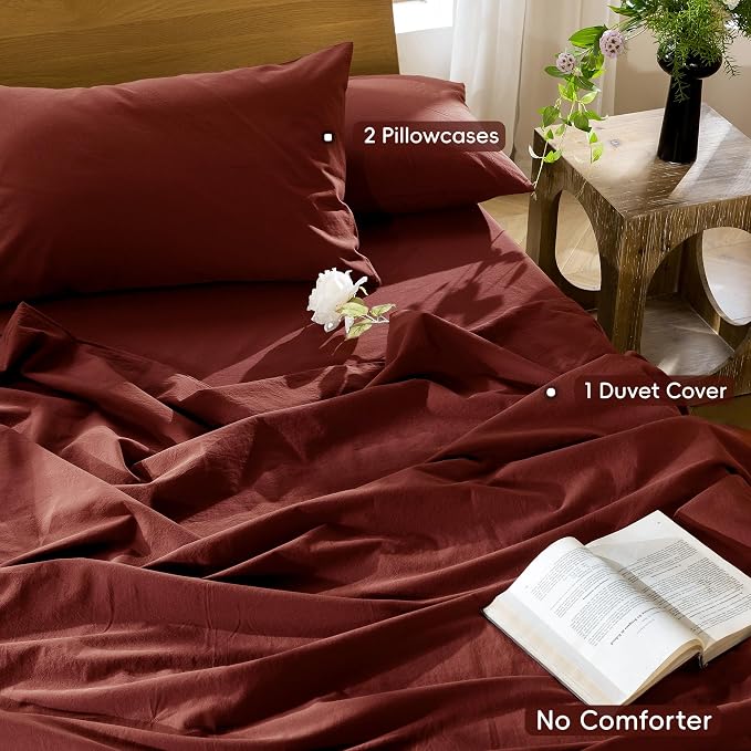 MooMee Duvet Cover Set 100% Washed Cotton Linen Like Oversized Queen | Relaxed Linen-like Texture. Soft, Breathable & Long-lasting Comfort. Lightweight. Hidden Zipper with 8 Interior Corner Ties