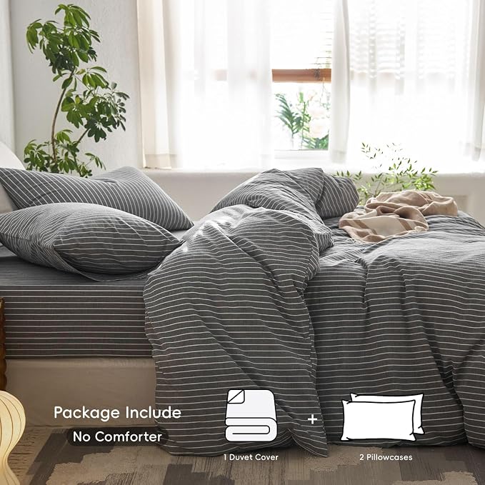 MooMee Striped Duvet Cover Set 100% Washed Cotton Linen Like King | Relaxed Linen-like Texture. Soft, Breathable & Long-lasting Comfort. Lightweight. Hidden Zipper with 8 Interior Corner Ties