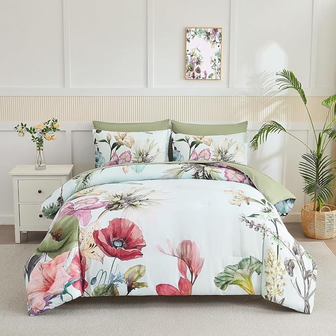 Yogeneg King Size Comforter Set 7 Piece Bed in a Bag,Elegant Floral Botanical Pattern Green Bedding Set,Soft Microfiber Comforter with Sheet Set,All Season Bed Set(Green Floral,King)