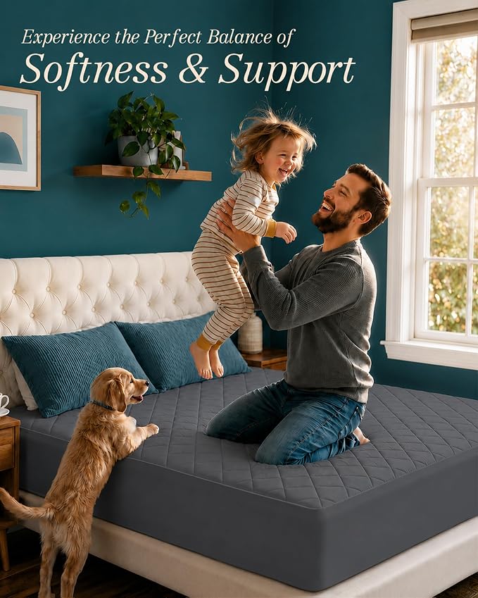 Quilted Fitted Mattress Pad, King Mattress Protector Topper with Deep Pocket Stretches up to 16 Inches, Machine Washable Mattress Cover by Utopia Bedding (Grey) | Soft Breathable Fitted Mattress Cover, Noiseless, Deep Pockets & Machine Washable for Hom...