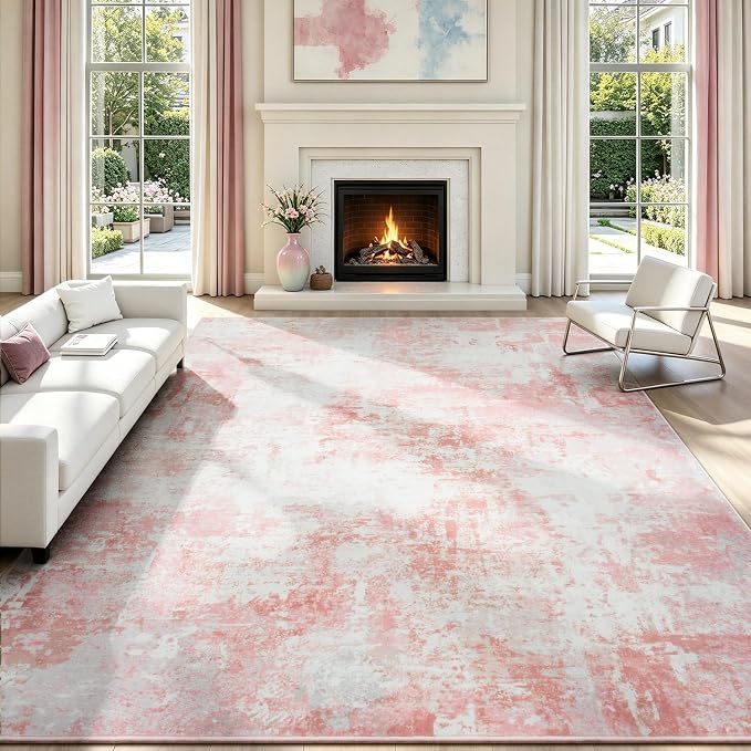 Rugflix 8x10 Area Rugs for Living Room, Washable Pink White Large Rug | Machine Washable; Stain-Resistant; Low Pile; Non-Slip; Modern Abstract; Carpet for Bedroom Dining Office Nursery Home