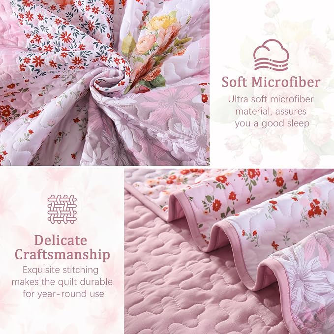 Mybedsoul Pink Quilts Queen Size, Patchwork Floral Reversible Bedding Set | Soft Lightweight Microfiber Coverlet Set, 3 Pieces Plaid Bedspread, Bed Sets for All Seasons 96"x90"