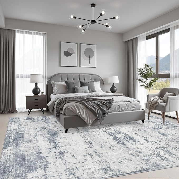 9x12 Area Rug Living Room: Modern Washable Soft Carpet Blue Grey | For Bedroom Dining Room Farmhouse Nursery Hallway Office,Modern Abstract,Machine washable,Non-Slip,Stain Resistant,Indoor